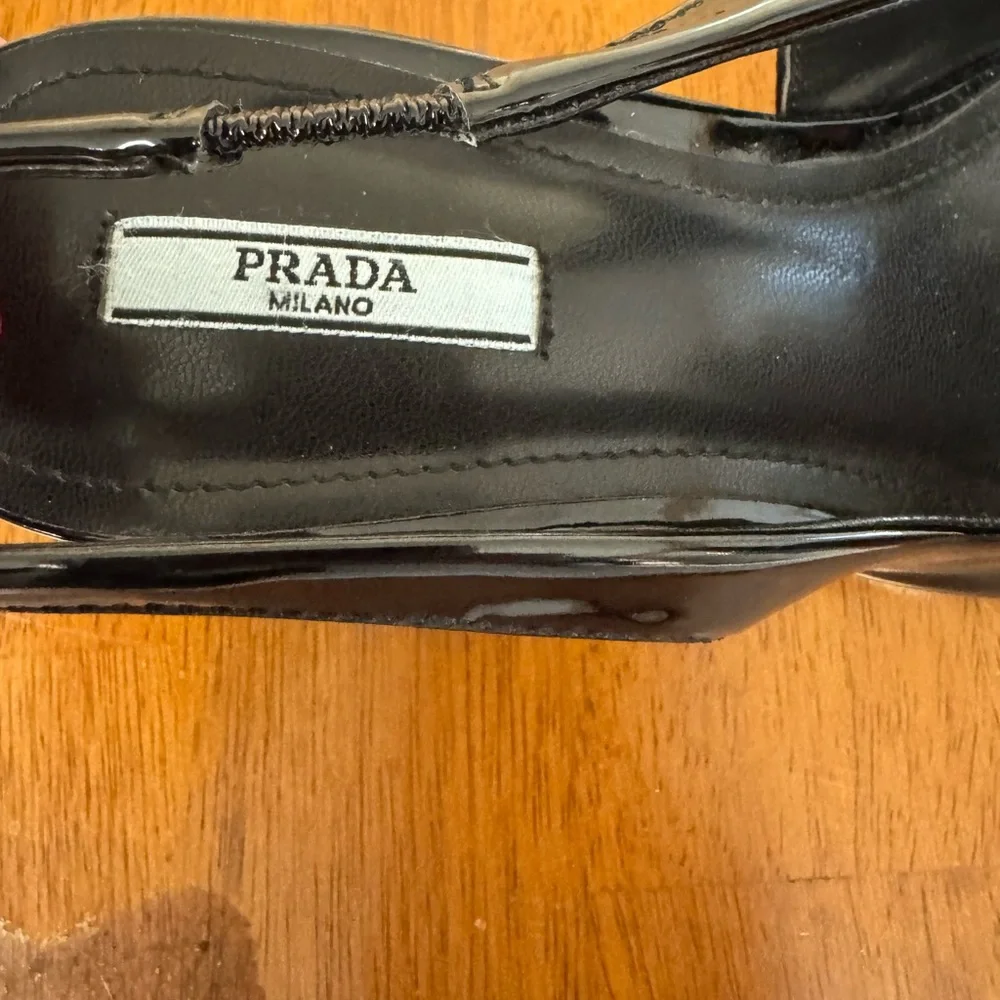 Prada spazzolato triangle logo sling back kitten heel pumps size7 $1200 retail - Picture 7 of 9